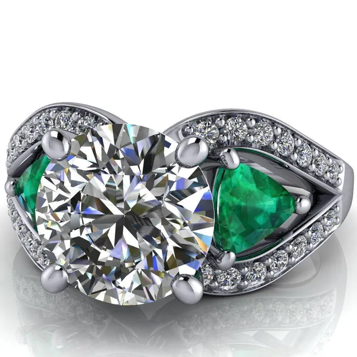 Fire Brilliance Rings Kassandra Round Center Stone 4 Prong Trillion Emerald Side Split Shank Accent Engagement Ring