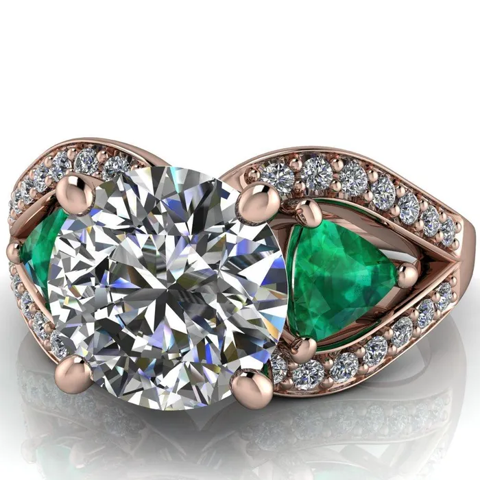 Fire Brilliance Rings Kassandra Round Center Stone 4 Prong Trillion Emerald Side Split Shank Accent Engagement Ring