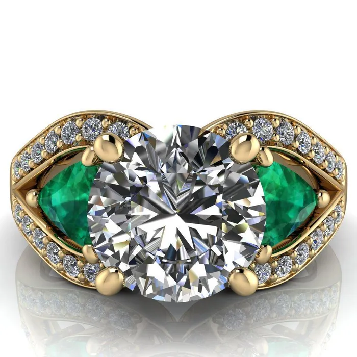 Fire Brilliance Rings Kassandra Round Center Stone 4 Prong Trillion Emerald Side Split Shank Accent Engagement Ring