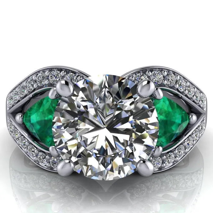 Fire Brilliance Rings Kassandra Round Center Stone 4 Prong Trillion Emerald Side Split Shank Accent Engagement Ring