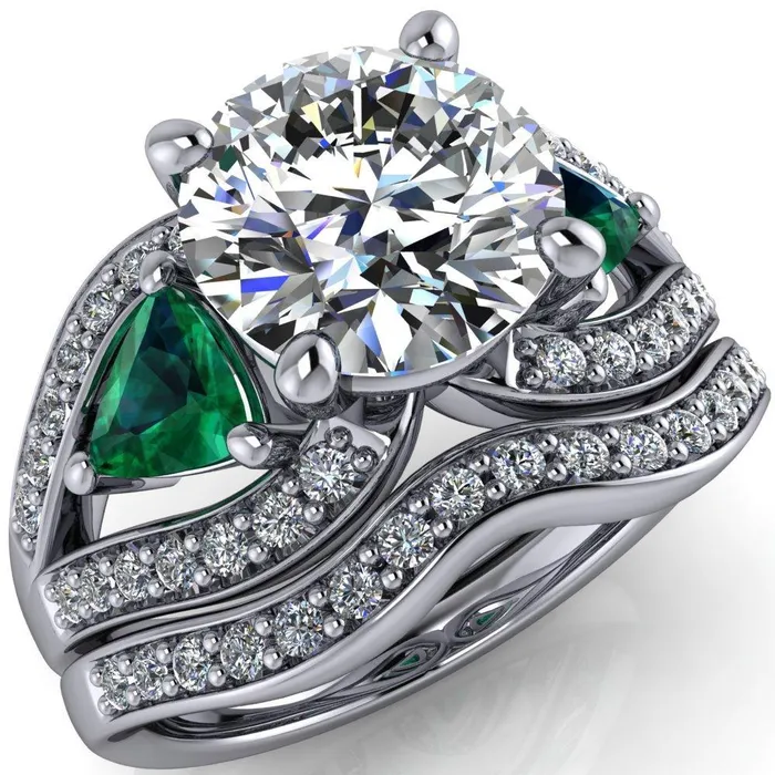 Fire Brilliance Rings Kassandra Round Center Stone 4 Prong Trillion Emerald Side Split Shank Accent Engagement Ring