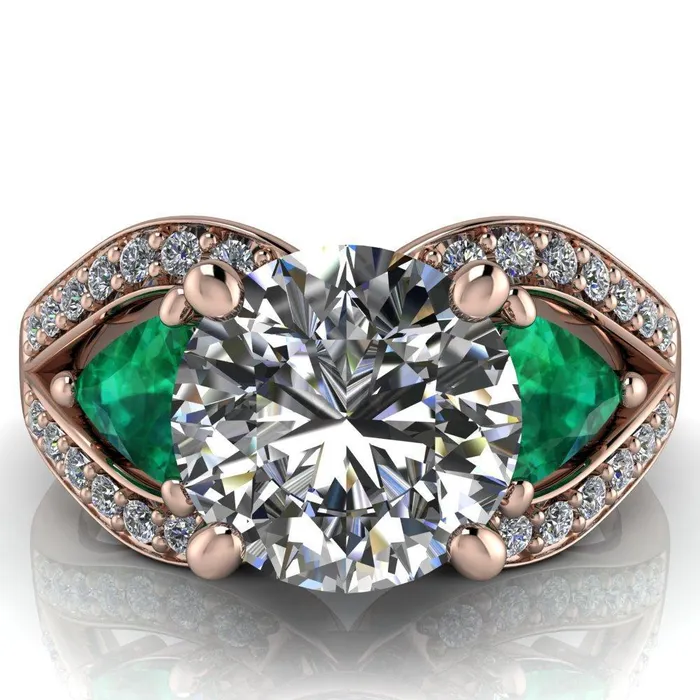 Fire Brilliance Rings Kassandra Round Center Stone 4 Prong Trillion Emerald Side Split Shank Accent Engagement Ring