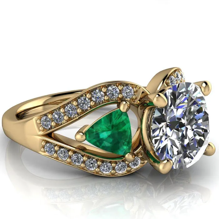Fire Brilliance Rings Kassandra Round Center Stone 4 Prong Trillion Emerald Side Split Shank Accent Engagement Ring