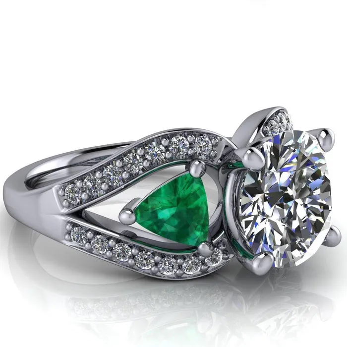 Fire Brilliance Rings Kassandra Round Center Stone 4 Prong Trillion Emerald Side Split Shank Accent Engagement Ring