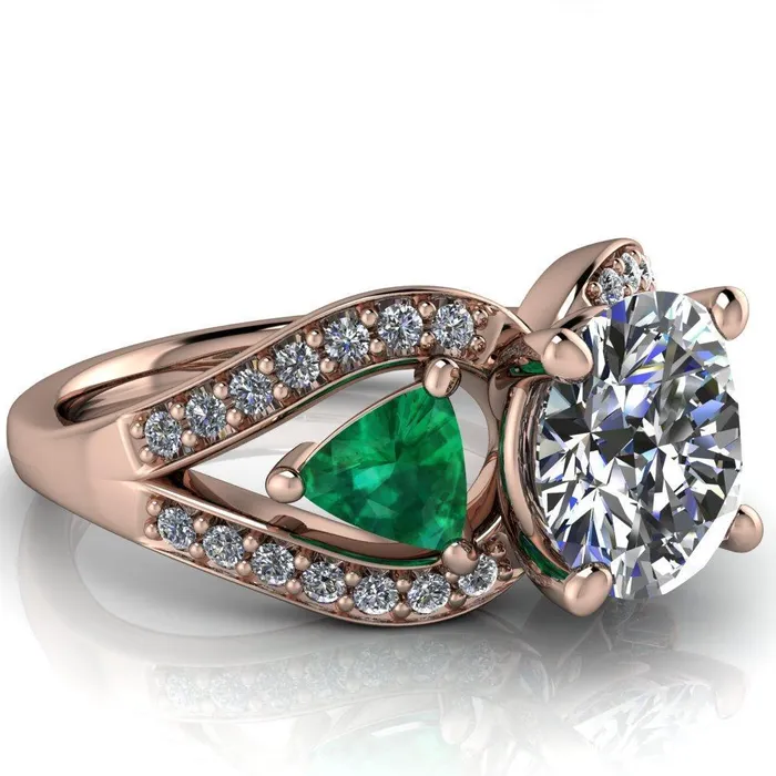 Fire Brilliance Rings Kassandra Round Center Stone 4 Prong Trillion Emerald Side Split Shank Accent Engagement Ring