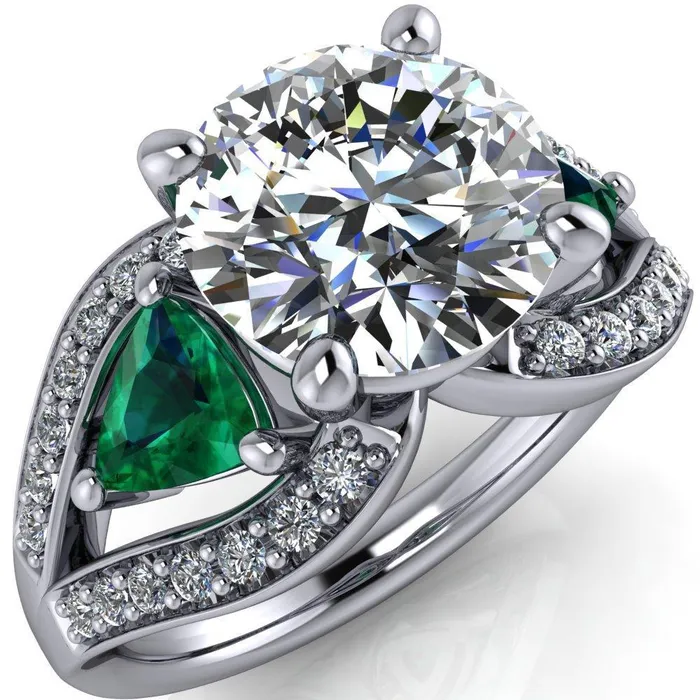 Fire Brilliance Rings Kassandra Round Center Stone 4 Prong Trillion Emerald Side Split Shank Accent Engagement Ring