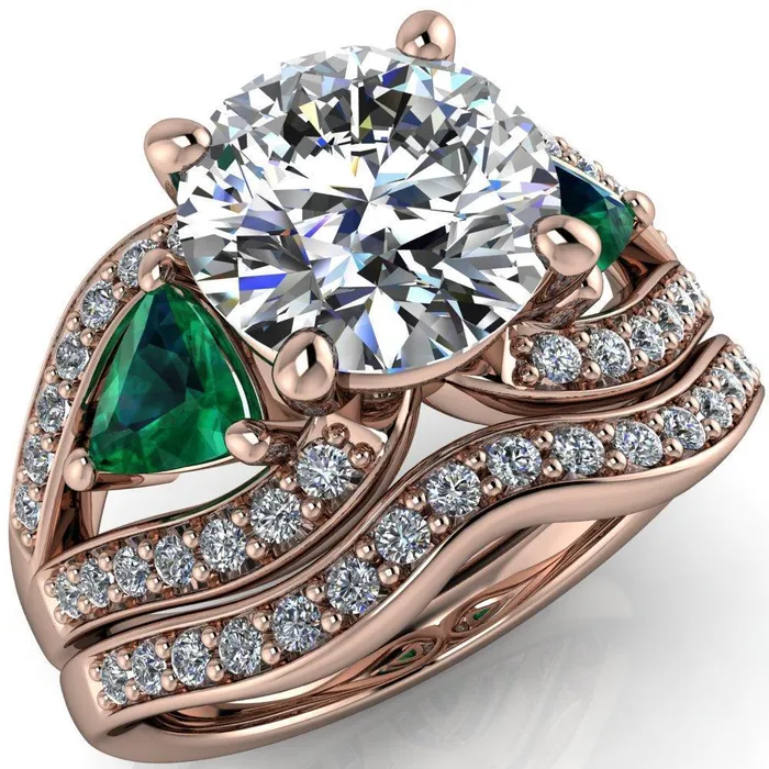 Fire Brilliance Rings Kassandra Round Center Stone 4 Prong Trillion Emerald Side Split Shank Accent Engagement Ring