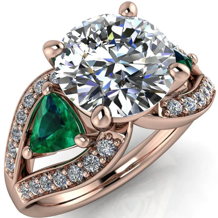 Fire Brilliance Rings Kassandra Round Center Stone 4 Prong Trillion Emerald Side Split Shank Accent Engagement Ring