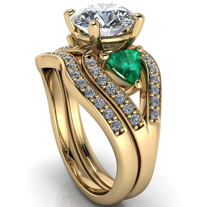 Fire Brilliance Rings Kassandra Round Center Stone 4 Prong Trillion Emerald Side Split Shank Accent Engagement Ring
