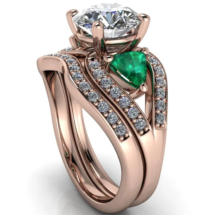 Fire Brilliance Rings Kassandra Round Center Stone 4 Prong Trillion Emerald Side Split Shank Accent Engagement Ring