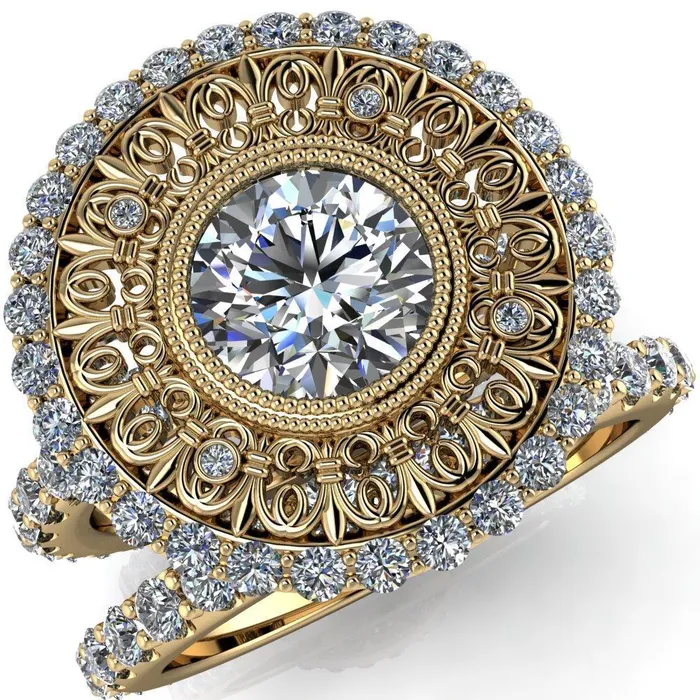 Fire Brilliance Rings Keira Round Center Stone Bezel Set Halo Filigree Crown Ring