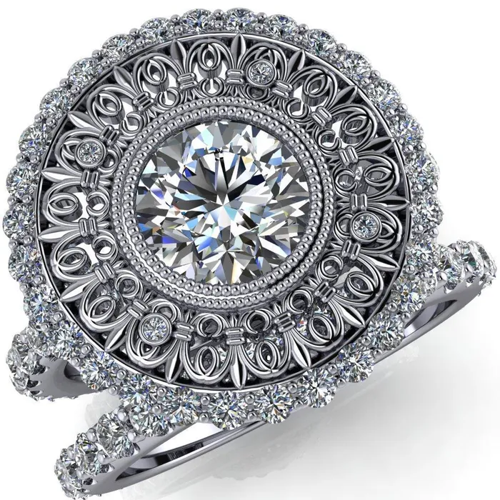 Fire Brilliance Rings Keira Round Center Stone Bezel Set Halo Filigree Crown Ring
