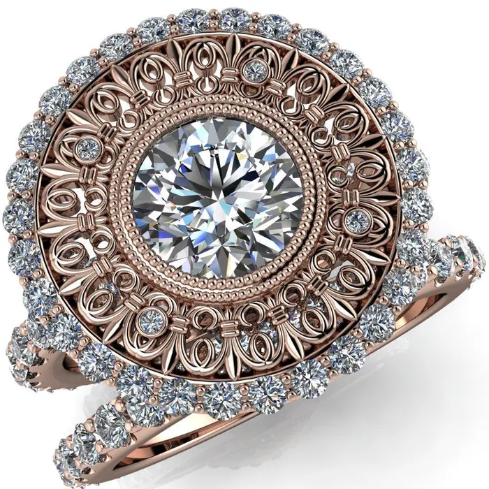 Fire Brilliance Rings Keira Round Center Stone Bezel Set Halo Filigree Crown Ring