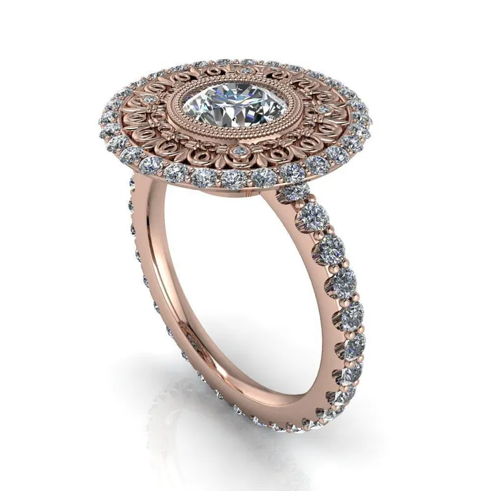 Fire Brilliance Rings Keira Round Center Stone Bezel Set Halo Filigree Crown Ring