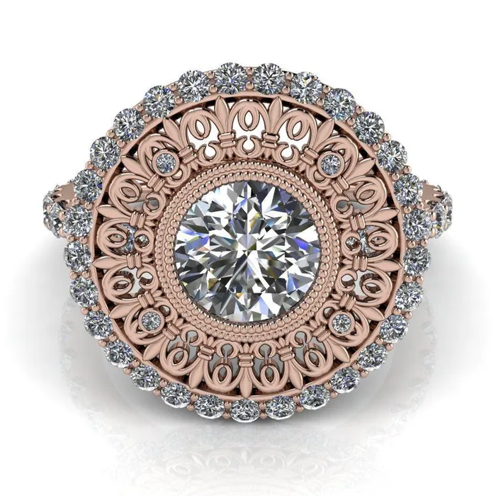 Fire Brilliance Rings Keira Round Center Stone Bezel Set Halo Filigree Crown Ring