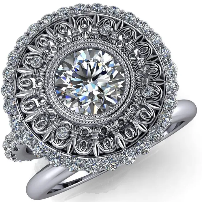 Fire Brilliance Rings Keira Round Center Stone Bezel Set Halo Filigree Crown Ring