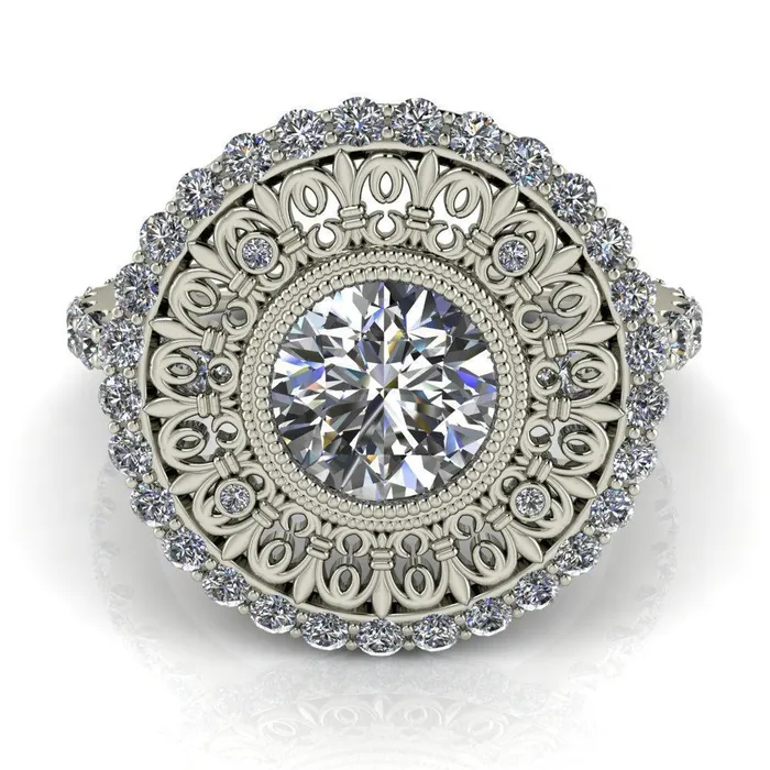 Fire Brilliance Rings Keira Round Center Stone Bezel Set Halo Filigree Crown Ring