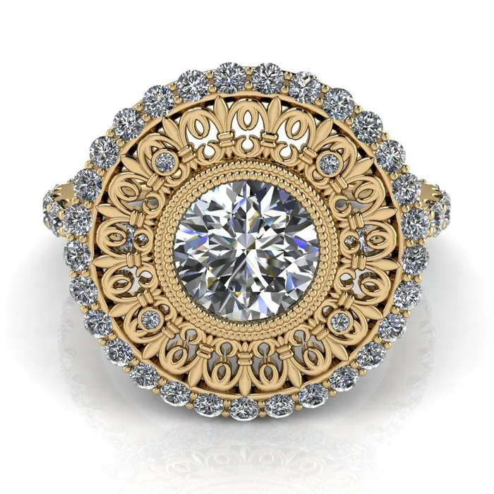 Fire Brilliance Rings Keira Round Center Stone Bezel Set Halo Filigree Crown Ring