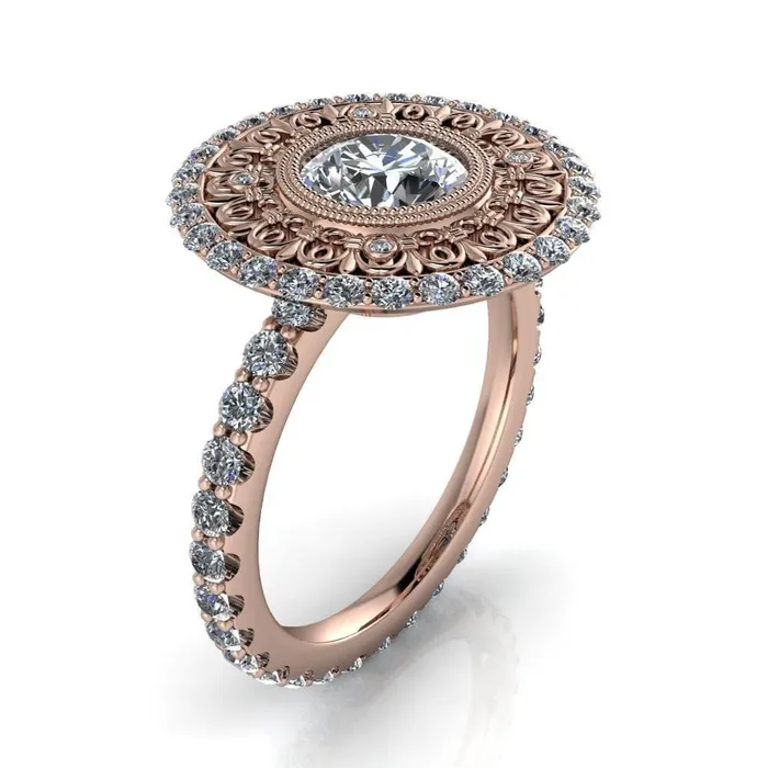 Fire Brilliance Rings Keira Round Center Stone Bezel Set Halo Filigree Crown Ring