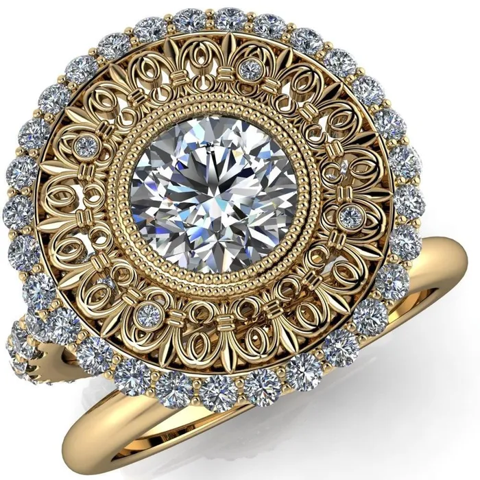 Fire Brilliance Rings Keira Round Center Stone Bezel Set Halo Filigree Crown Ring