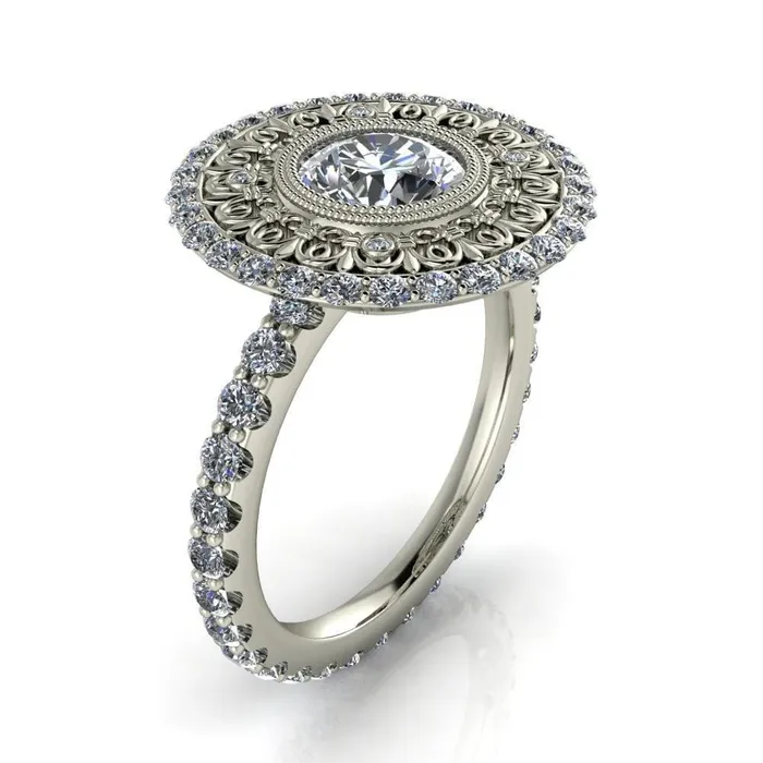 Fire Brilliance Rings Keira Round Center Stone Bezel Set Halo Filigree Crown Ring