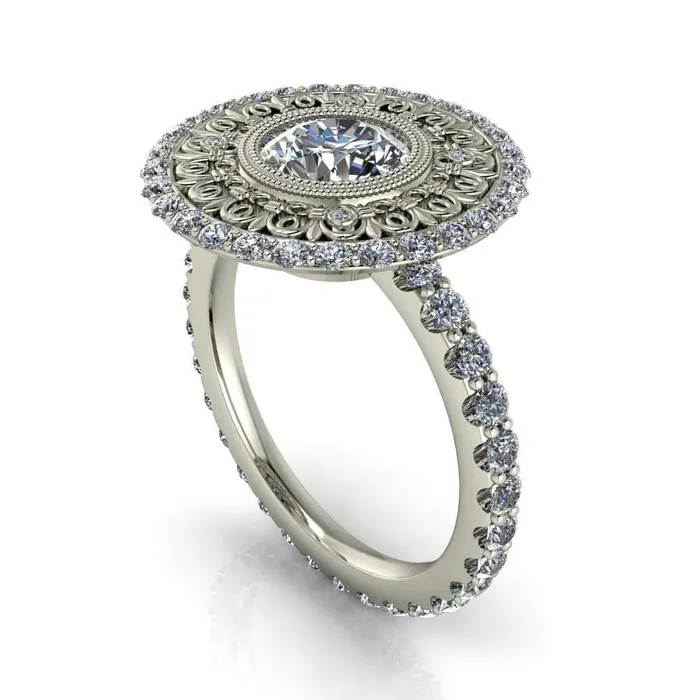 Fire Brilliance Rings Keira Round Center Stone Bezel Set Halo Filigree Crown Ring