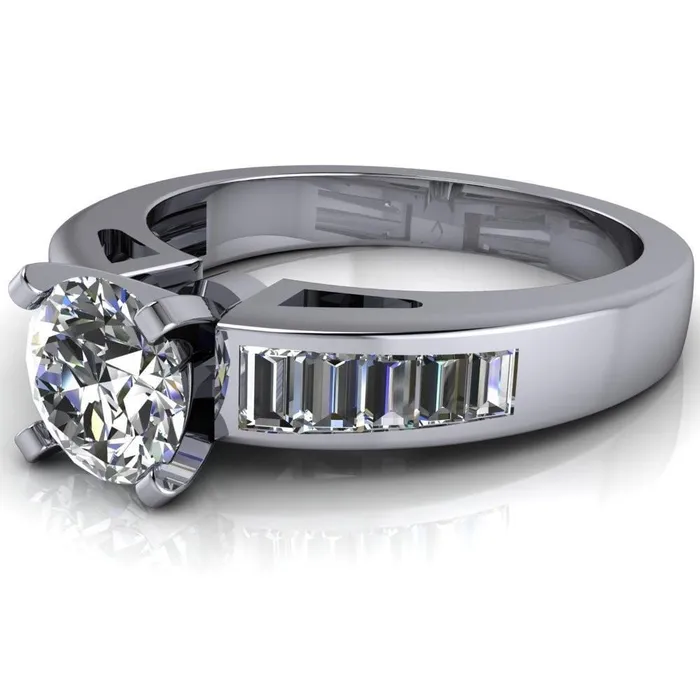Fire Brilliance Rings Lissa Round Center Stone 4 Prong Baguette Diamond Shoulder Setting Cathedral Ring
