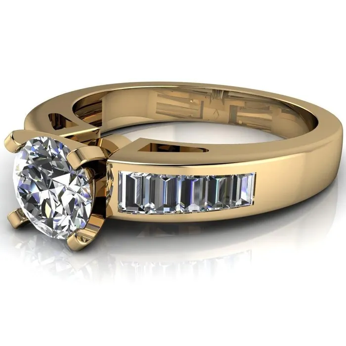 Fire Brilliance Rings Lissa Round Center Stone 4 Prong Baguette Diamond Shoulder Setting Cathedral Ring
