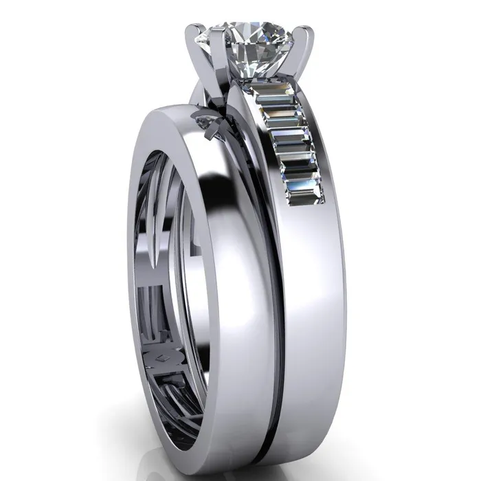Fire Brilliance Rings Lissa Round Center Stone 4 Prong Baguette Diamond Shoulder Setting Cathedral Ring