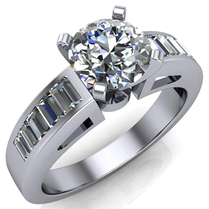 Fire Brilliance Rings Lissa Round Center Stone 4 Prong Baguette Diamond Shoulder Setting Cathedral Ring