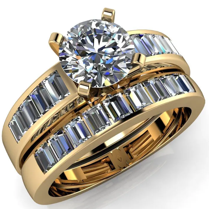 Fire Brilliance Rings Lissa Round Center Stone 4 Prong Baguette Diamond Shoulder Setting Cathedral Ring