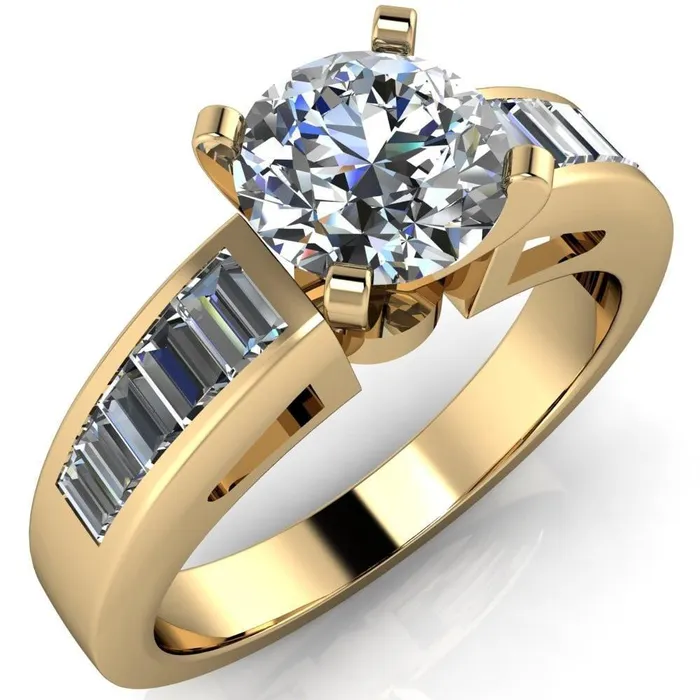 Fire Brilliance Rings Lissa Round Center Stone 4 Prong Baguette Diamond Shoulder Setting Cathedral Ring