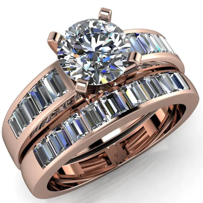 Fire Brilliance Rings Lissa Round Center Stone 4 Prong Baguette Diamond Shoulder Setting Cathedral Ring