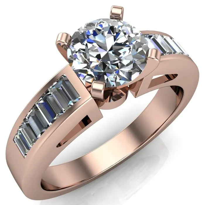Fire Brilliance Rings Lissa Round Center Stone 4 Prong Baguette Diamond Shoulder Setting Cathedral Ring