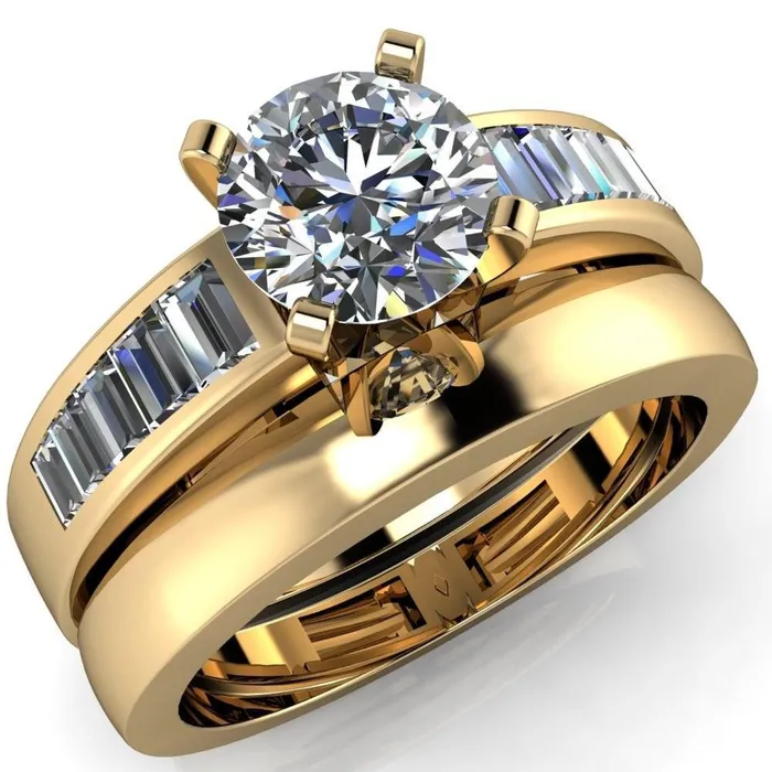 Fire Brilliance Rings Lissa Round Center Stone 4 Prong Baguette Diamond Shoulder Setting Cathedral Ring