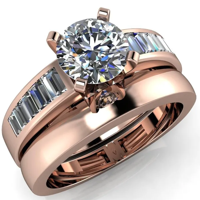 Fire Brilliance Rings Lissa Round Center Stone 4 Prong Baguette Diamond Shoulder Setting Cathedral Ring