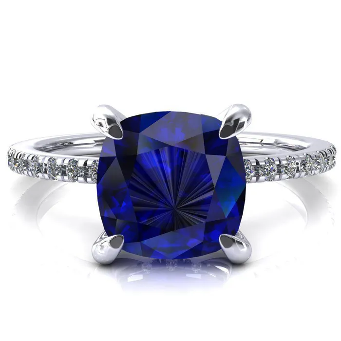 Fire Brilliance Rings Mayeli Cushion Blue Sapphire 4 Claw Prong Micro Pave Diamond Sides Engagement Ring Fire Brilliance Rings Mayeli Cushion Blue Sapphire 4 Claw Prong Micro Pave Diamond Sides Engagement Ring