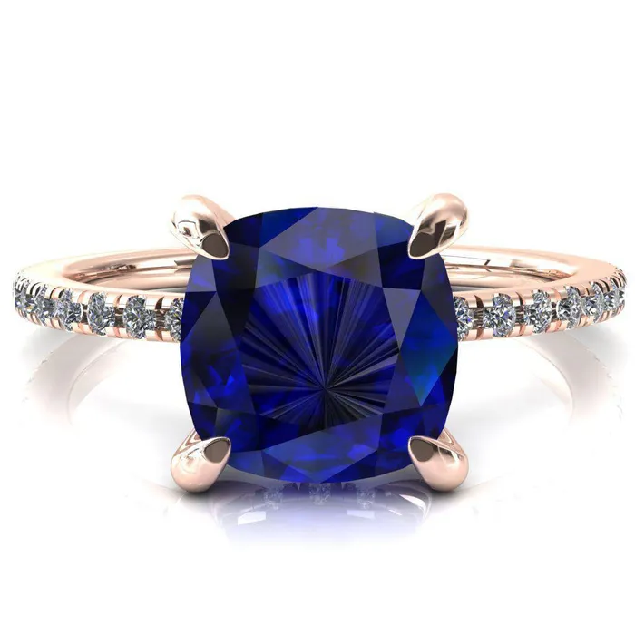 Fire Brilliance Rings Mayeli Cushion Blue Sapphire 4 Claw Prong Micro Pave Diamond Sides Engagement Ring