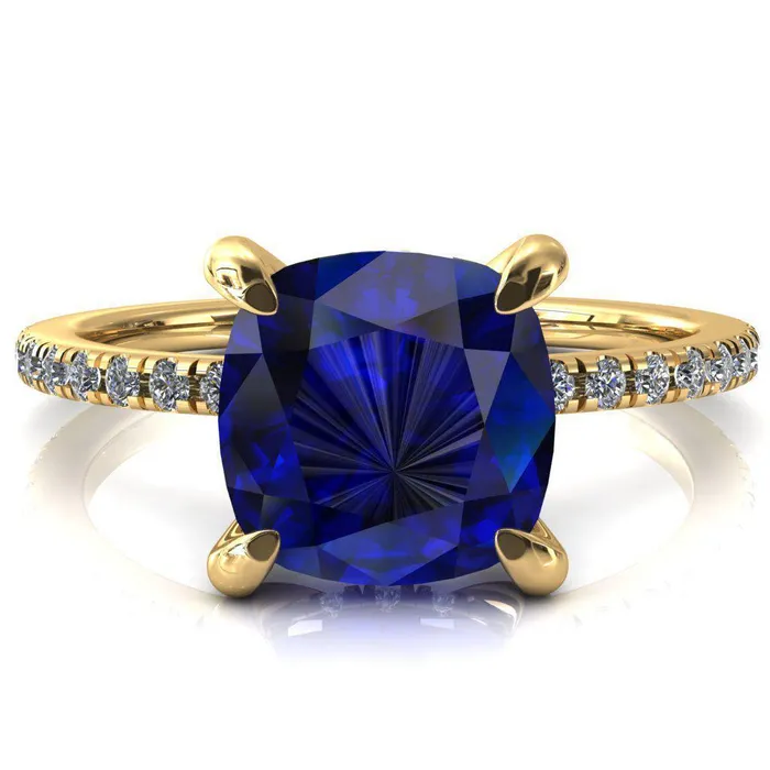 Fire Brilliance Rings Mayeli Cushion Blue Sapphire 4 Claw Prong Micro Pave Diamond Sides Engagement Ring