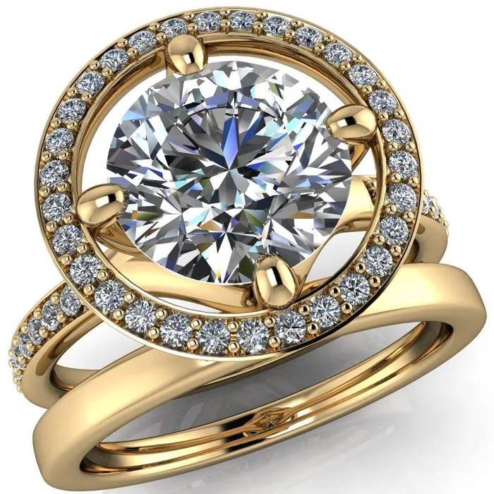 Fire Brilliance Rings Melanie Round Center Stone Diamond Halo and Shoulders Ring