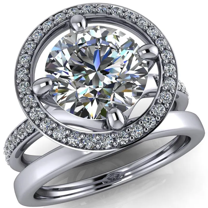Fire Brilliance Rings Melanie Round Center Stone Diamond Halo and Shoulders Ring