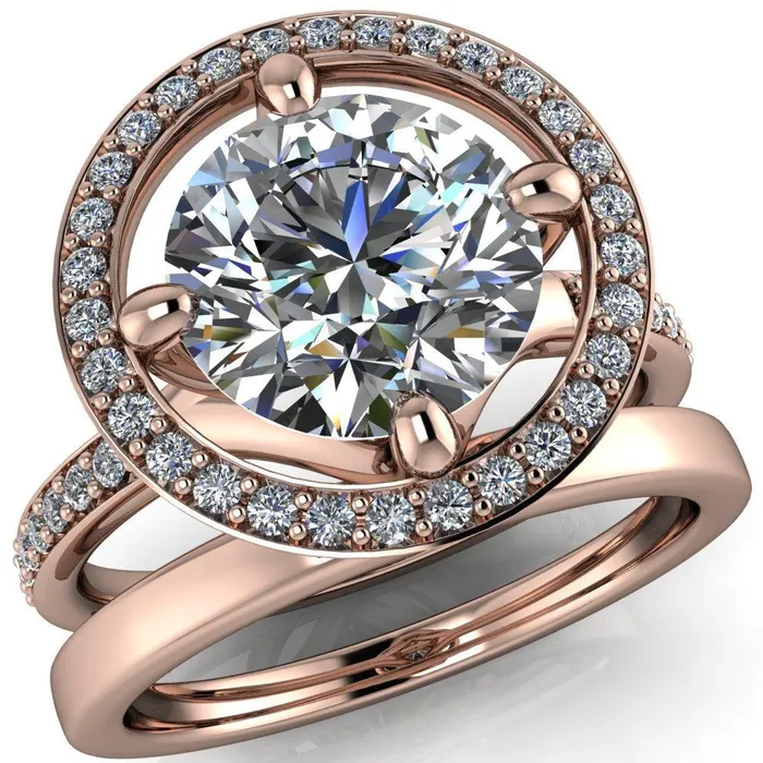 Fire Brilliance Rings Melanie Round Center Stone Diamond Halo and Shoulders Ring