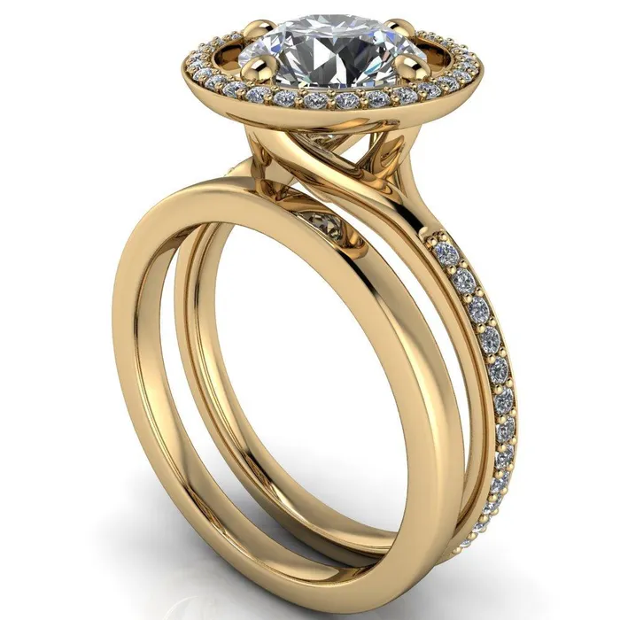 Fire Brilliance Rings Melanie Round Center Stone Diamond Halo and Shoulders Ring