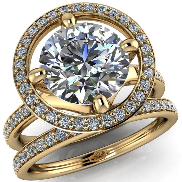 Fire Brilliance Rings Melanie Round Center Stone Diamond Halo and Shoulders Ring