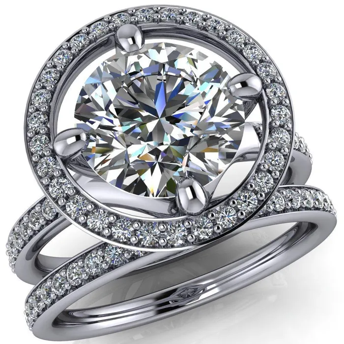 Fire Brilliance Rings Melanie Round Center Stone Diamond Halo and Shoulders Ring