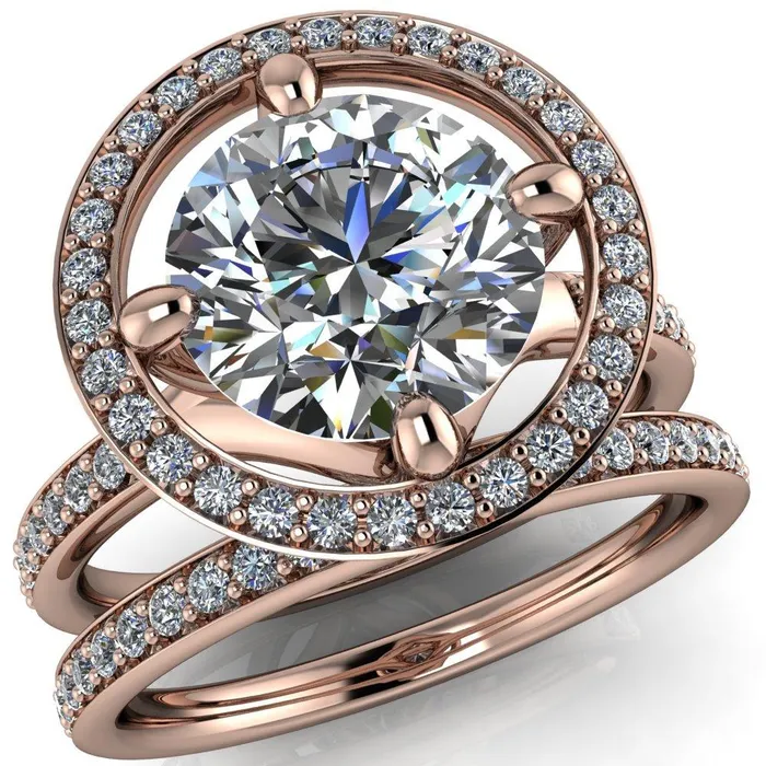 Fire Brilliance Rings Melanie Round Center Stone Diamond Halo and Shoulders Ring
