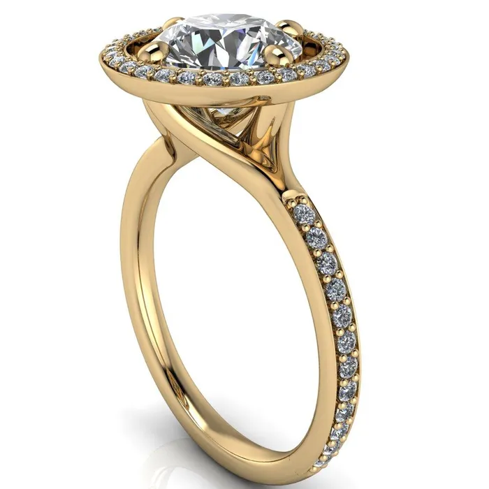 Fire Brilliance Rings Melanie Round Center Stone Diamond Halo and Shoulders Ring