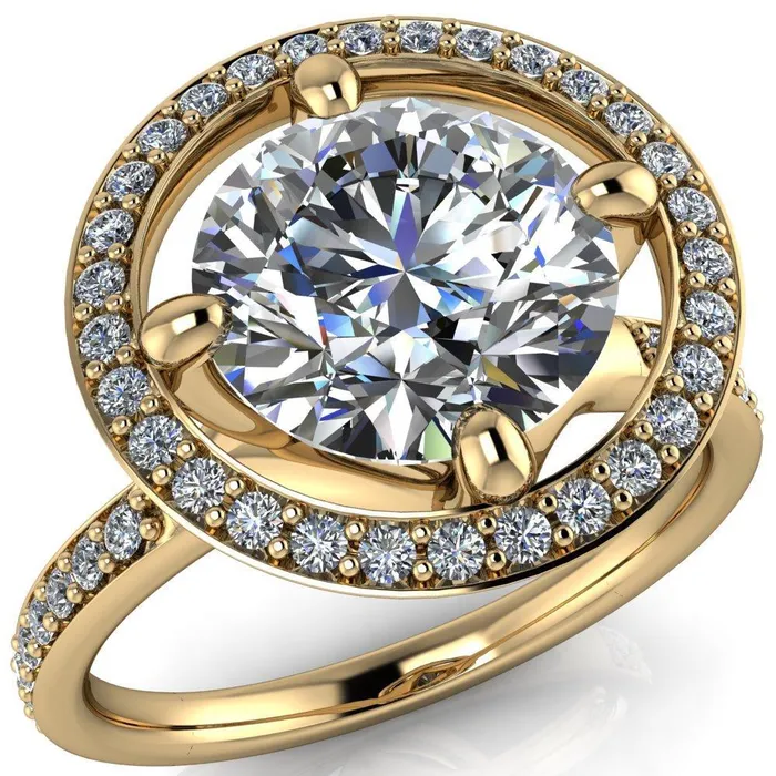 Fire Brilliance Rings Melanie Round Center Stone Diamond Halo and Shoulders Ring