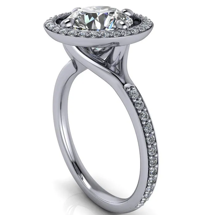 Fire Brilliance Rings Melanie Round Center Stone Diamond Halo and Shoulders Ring