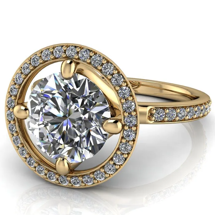 Fire Brilliance Rings Melanie Round Center Stone Diamond Halo and Shoulders Ring